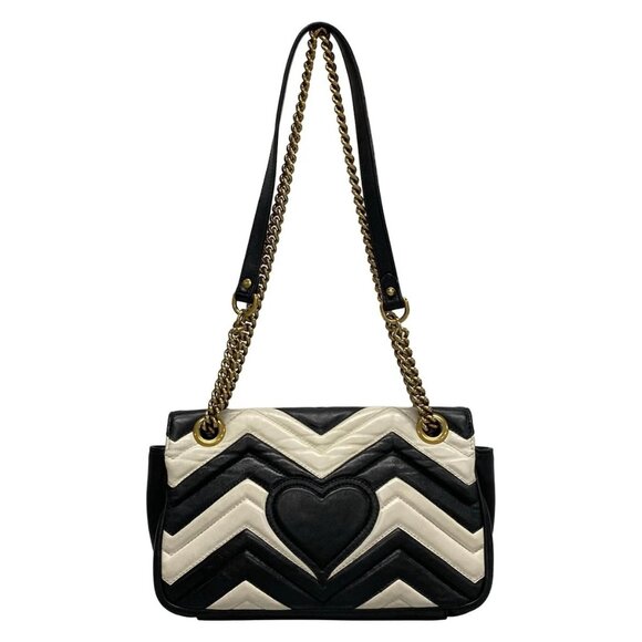 Auth GUCCI GG Marmont Quilting Small Shoulder Bag 443497 Black White Leather - Picture 2 of 16
